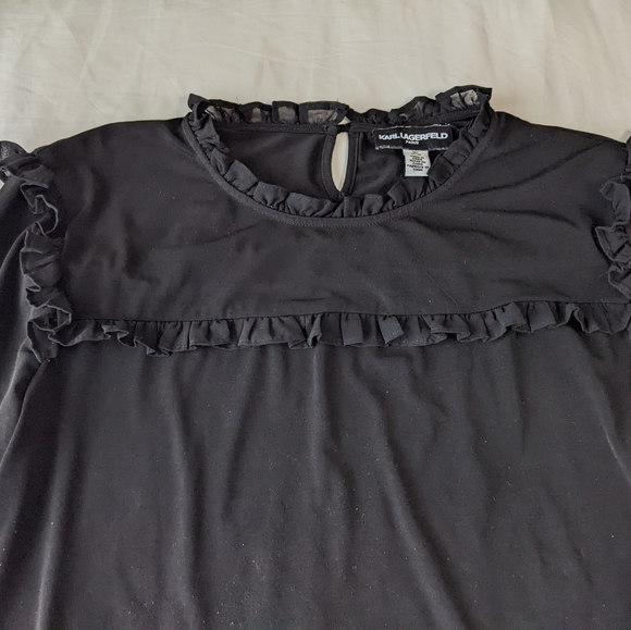 Karl Lagerfeld Black Long Sleeve Ruffle Chest Blouse Medium - Picture 9 of 10